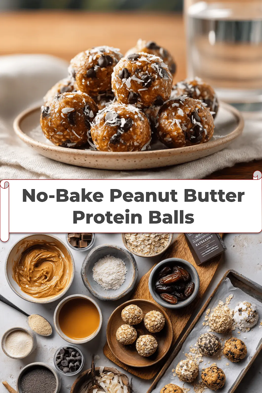 No-Bake Peanut Butter Protein Balls: Easy and Irresistible 5 Finished no-bake peanut butter protein balls with coconut and mini chocolate chips on serving plate - ideal for freezer storage and lunchboxes