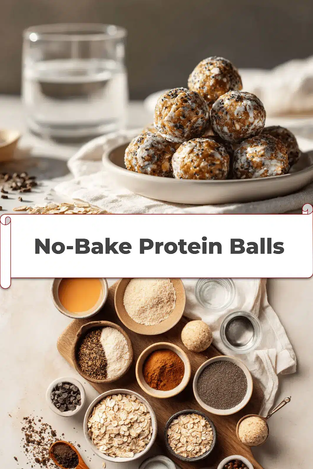 No-Bake Protein Balls: Easy and Irresistible Snacks 5 Rolled no-bake protein balls arranged neatly on a napkin with a water glass in background