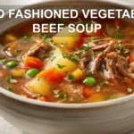 OLD FASHIONED VEGETABLE BEEF SOUP top-down bowl warm comforting stew with shredded beef and vegetables