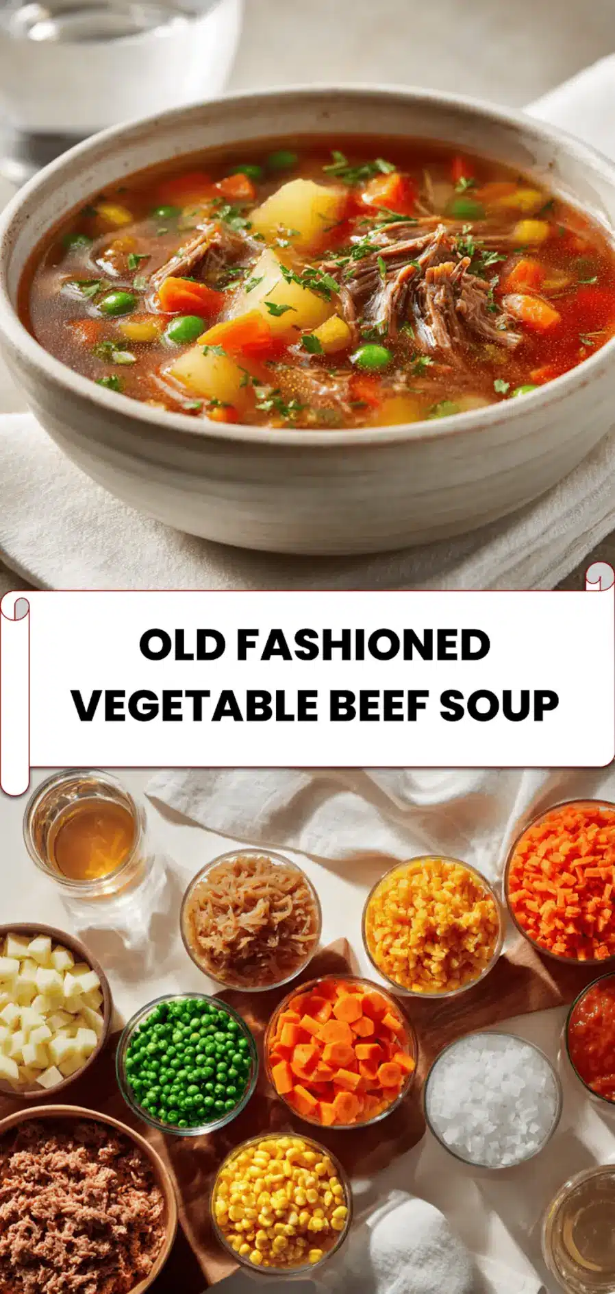 Old-Fashioned Vegetable Beef Soup: The Best Comforting Recipe 5 Top-down view of comforting old-fashioned vegetable beef soup with rustic vegetables and shredded beef ready to serve