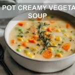 ONE POT CREAMY VEGETABLE SOUP overhead bowl with herbs chickpeas and warm creamy broth