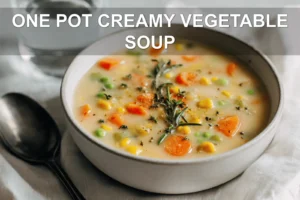 ONE POT CREAMY VEGETABLE SOUP overhead bowl with herbs chickpeas and warm creamy broth