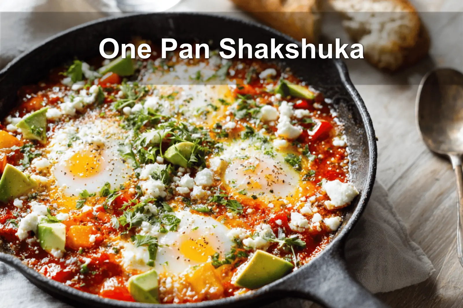 One Pan Shakshuka overhead skillet vibrant eggs tomato sauce herbs melted cheeses and bread