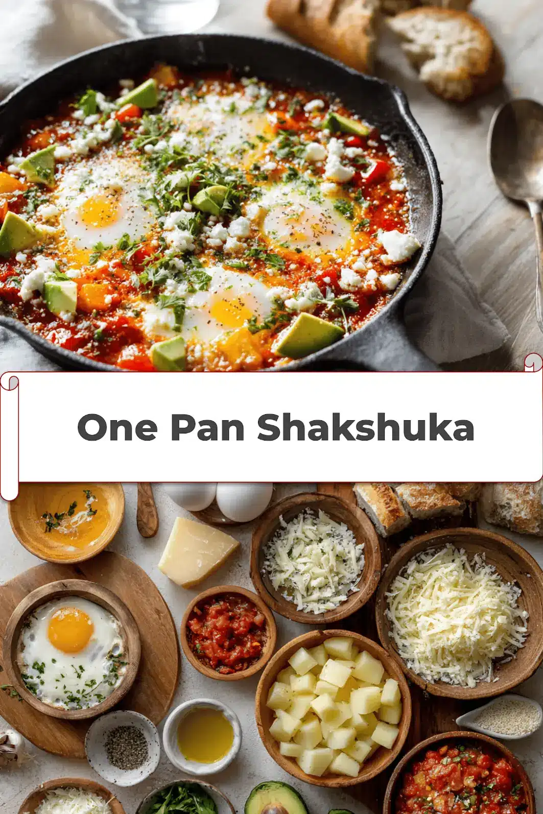 One Pan Shakshuka: Simple and Delicious Recipe 5 Final One Pan Shakshuka presentation skillet of spiced tomato and eggs, surrounded by herbs, bread, and crumbled cheese