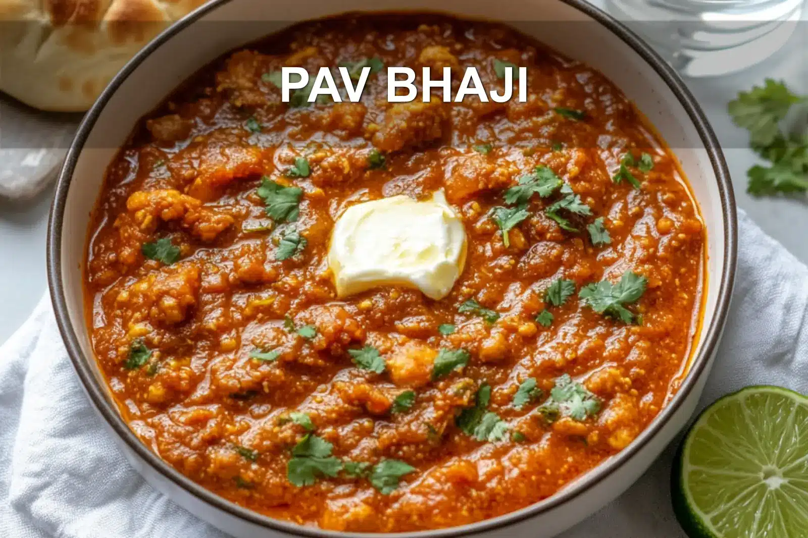 PAV BHAJI hero bowl with buttered pav herbs lime wedge and glass of water