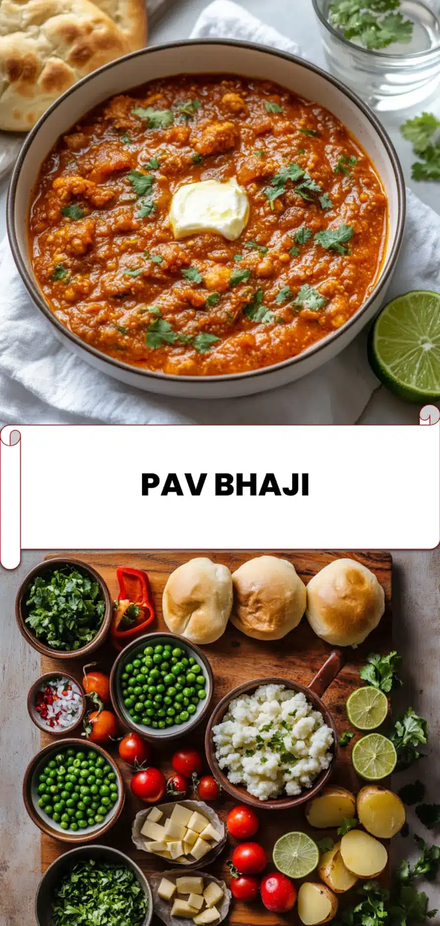 Pav Bhaji: Easy Delicious Indian Street Feast 5 Mumbai pav bhaji served with buttery pav rolls, cilantro, onions and lime wedges for garnish