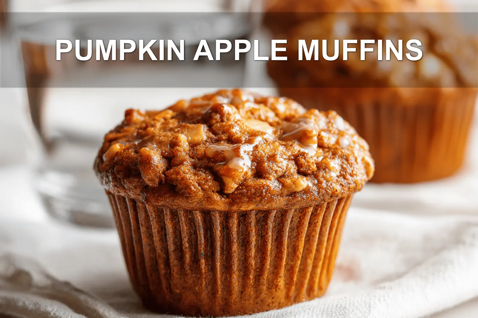 PUMPKIN APPLE MUFFINS hero shot three quarter angle warm tones on white cloth