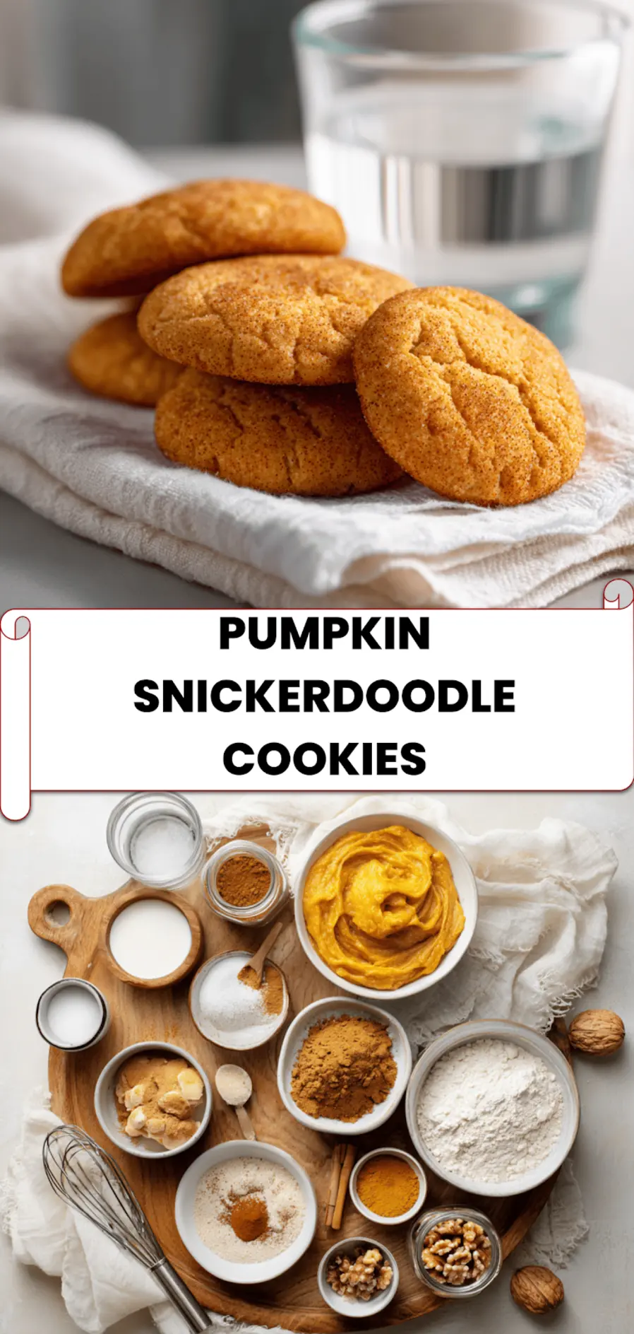 Pumpkin Snickerdoodle Cookies: Deliciously Soft and Irresistible 5 Pumpkin snickerdoodle cookies with cinnamon sugar crackle on white napkin with a clear glass of water