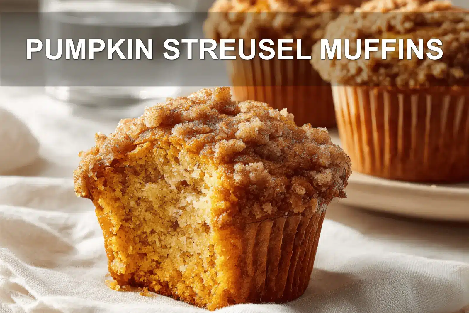 PUMPKIN STREUSEL MUFFINS on white cloth with clear glass of water warm light
