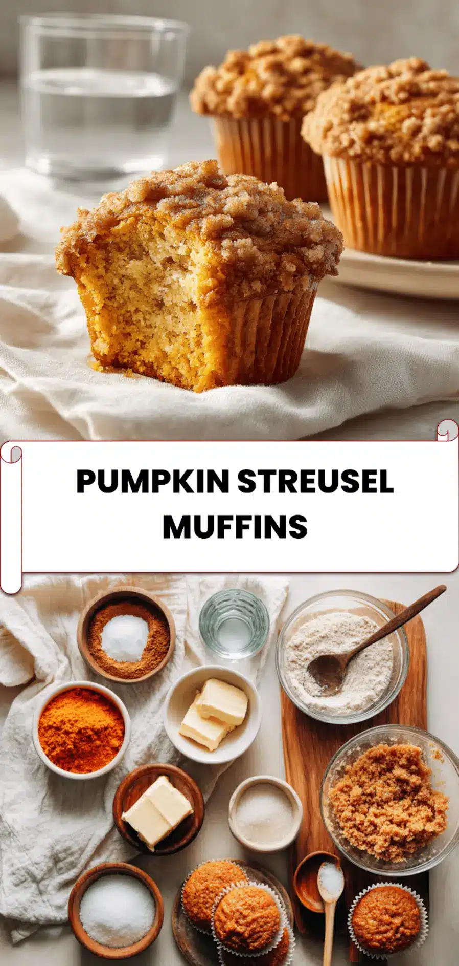 Pumpkin Streusel Muffins: Irresistible and Easy Recipe 5 Freshly baked pumpkin streusel muffins on white cloth with clear water glass in cozy lighting_pin