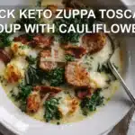 QUICK KETO ZUPPA TOSCANA SOUP WITH CAULIFLOWER creamy Italian sausage kale bacon bowl top-down hero