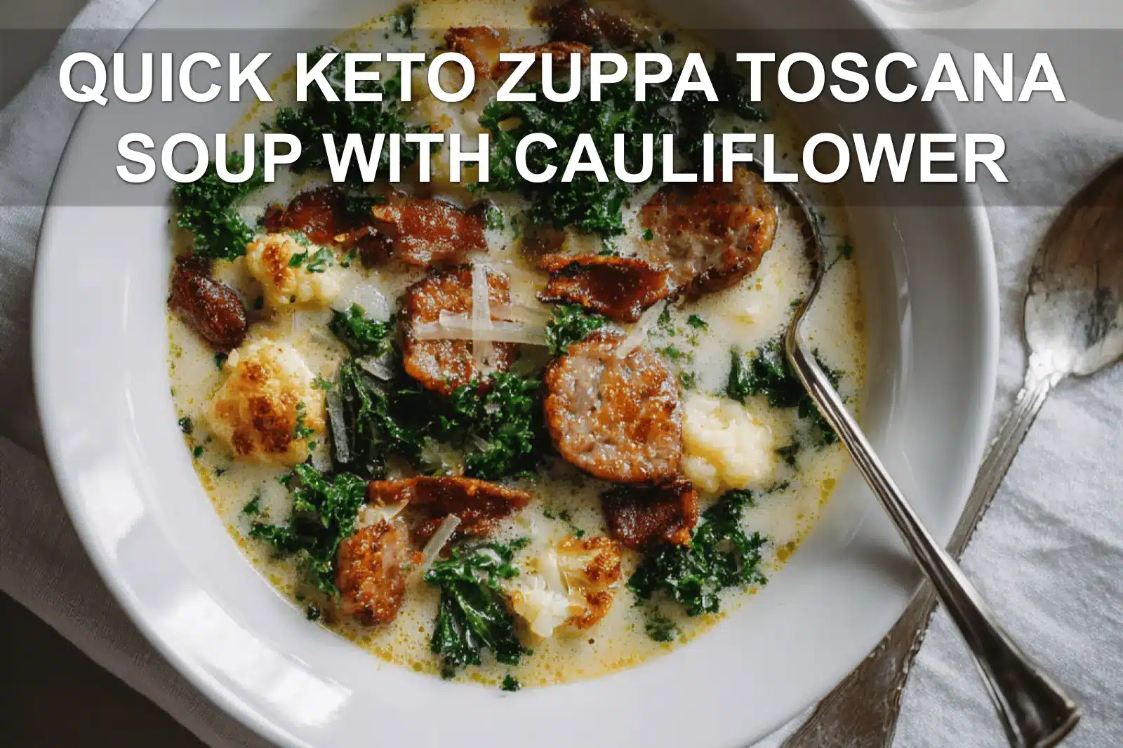 QUICK KETO ZUPPA TOSCANA SOUP WITH CAULIFLOWER creamy Italian sausage kale bacon bowl top-down hero