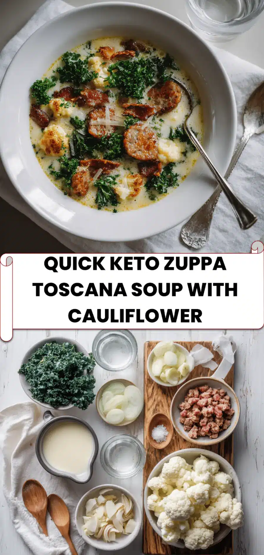 Quick Keto Zuppa Toscana Soup with Cauliflower: Easy Delicious Recipe 5 Creamy keto zuppa toscana soup with cauliflower, bacon, sausage, and kale served in a white bowl