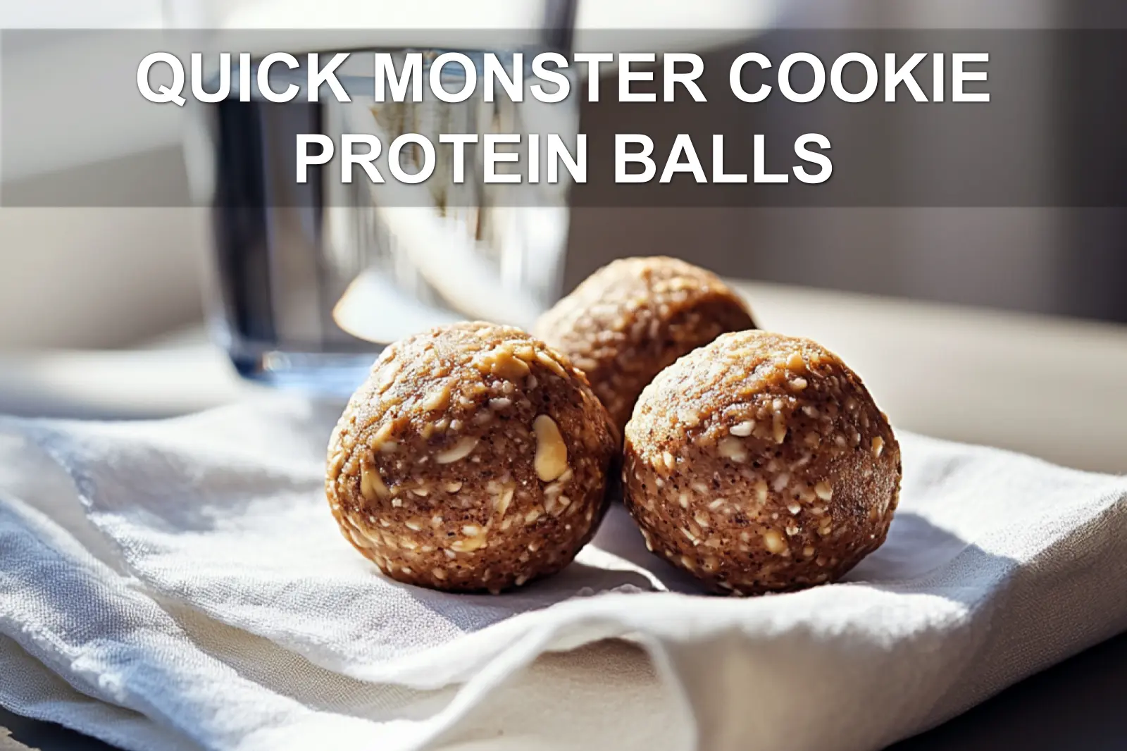 QUICK MONSTER COOKIE PROTEIN BALLS on white cloth napkin close up warm natural light appetizing
