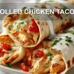 ROLLED CHICKEN TACOS with shredded chicken soft white cheese colby jack and red salsa