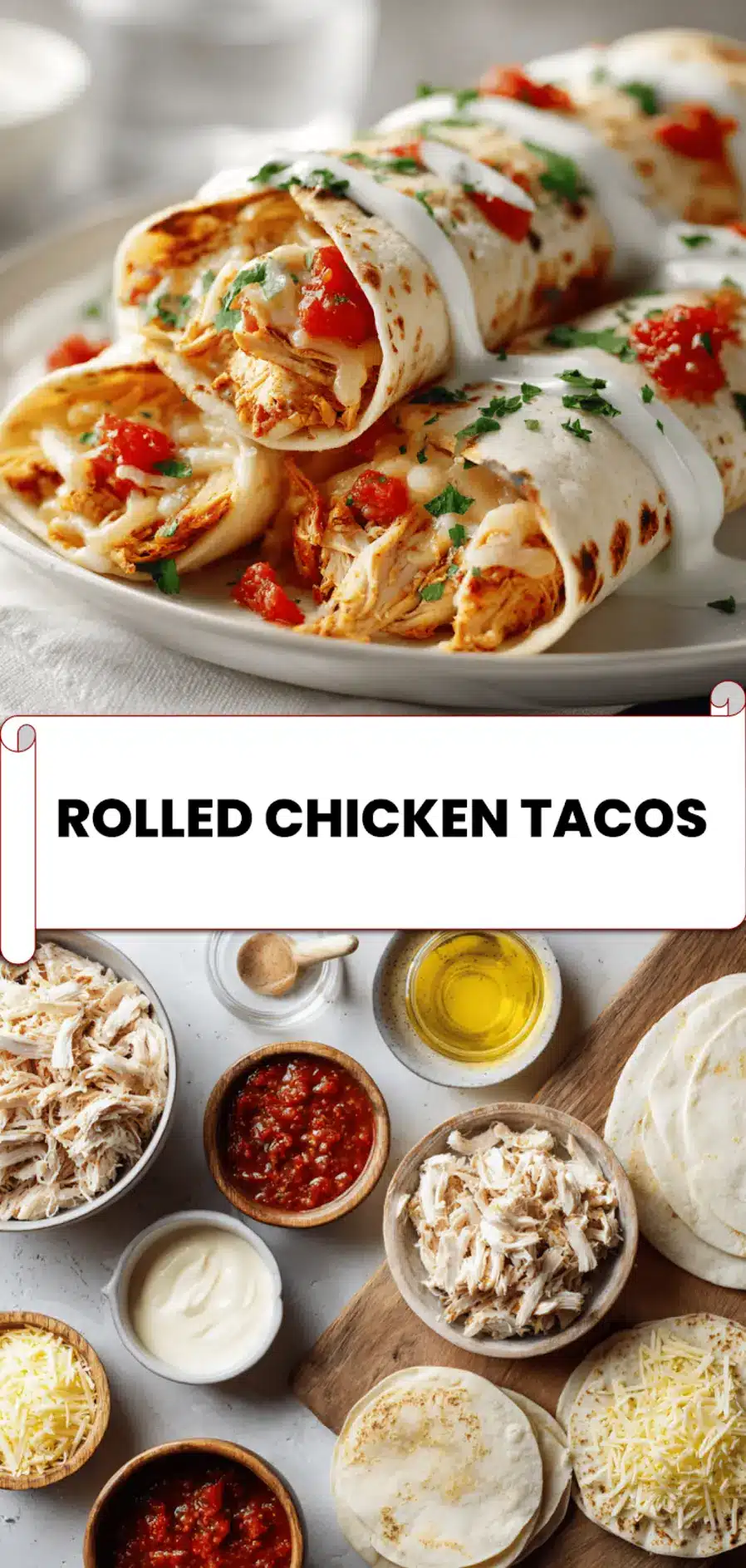Rolled Chicken Tacos: Delicious and Simple Recipe 5 Baked rolled chicken tacos stacked and served with red salsa, showcasing crispy tortillas and melted cheese