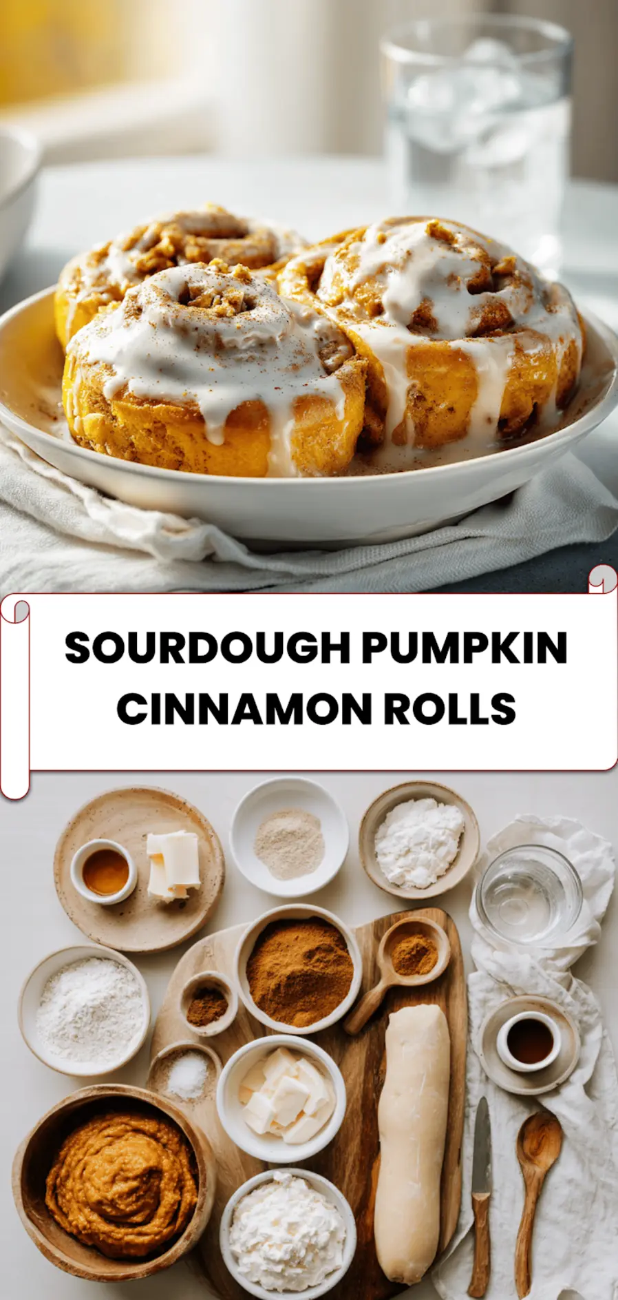 Sourdough Pumpkin Cinnamon Rolls: Easy Delicious Recipe 5 Freshly baked sourdough pumpkin cinnamon rolls in cast iron pan with glaze melting on top