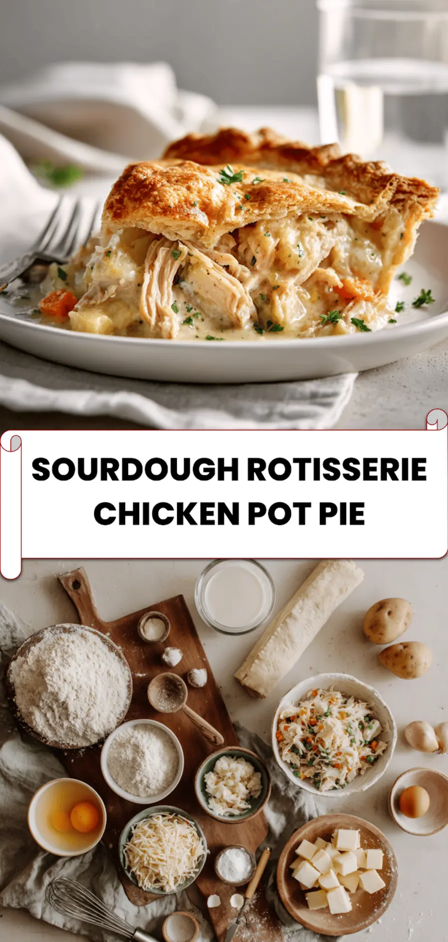 Sourdough Rotisserie Chicken Pot Pie: Delicious Comfort 5 Sourdough rotisserie chicken pot pie in a baking pan with flaky golden crust