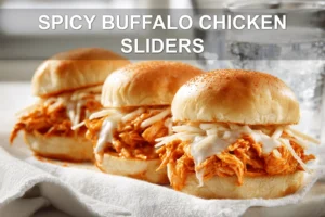 SPICY BUFFALO CHICKEN SLIDERS on slider buns with buffalo sauce melted cheese garlic butter