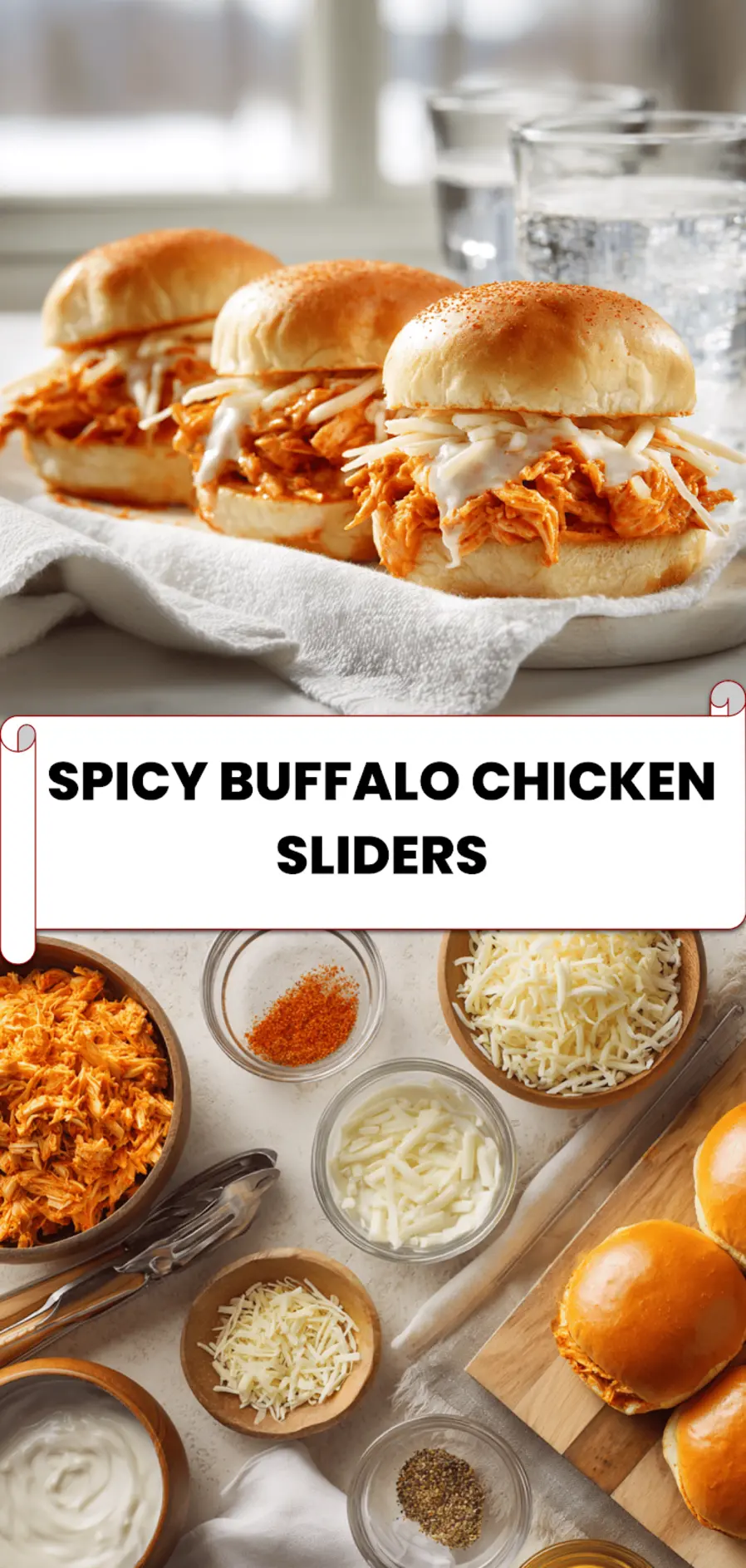 Spicy Buffalo Chicken Sliders: Irresistibly Easy Recipe 5 Finished spicy buffalo chicken sliders with golden toasted tops and melted cheese on slider buns