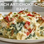 SPINACH ARTICHOKE CHICKEN BAKE finished casserole on white napkin with clear glass of water