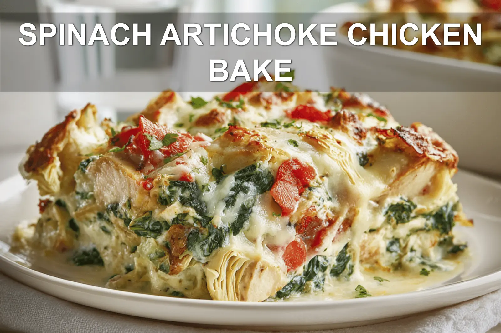 SPINACH ARTICHOKE CHICKEN BAKE finished casserole on white napkin with clear glass of water