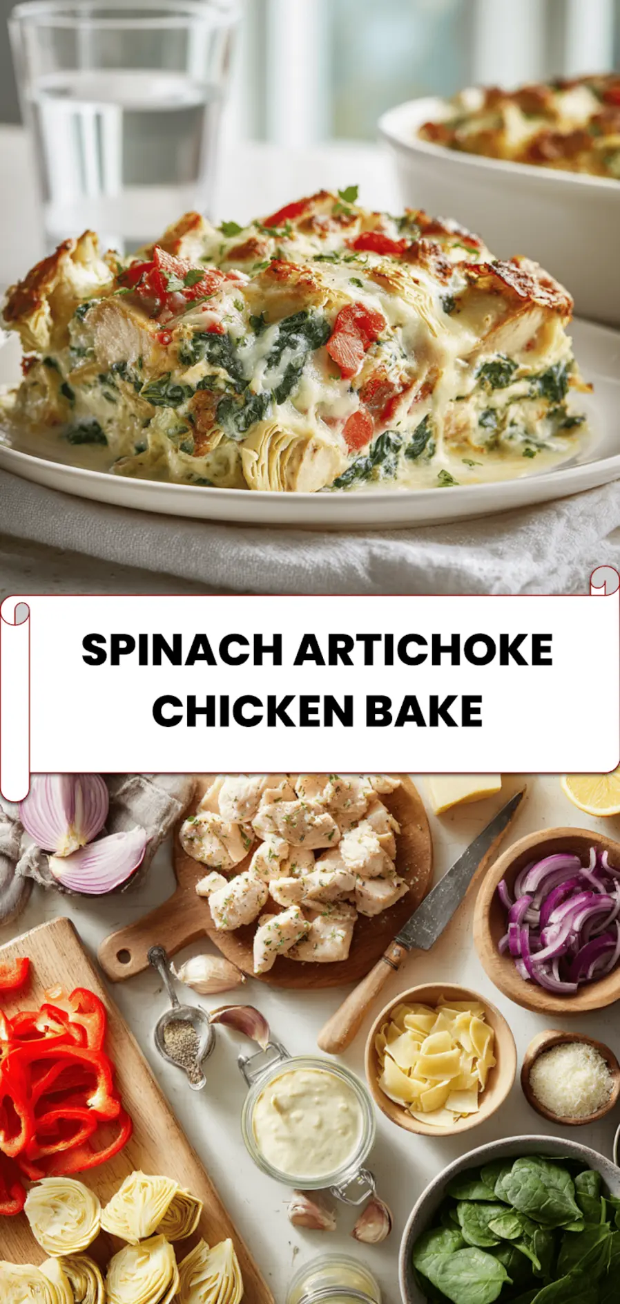 Spinach Artichoke Chicken Bake: An Irresistible Recipe 5 Finished spinach artichoke chicken bake in a casserole dish, served with a fresh side salad and water glass