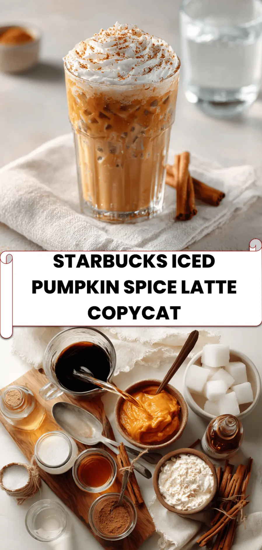 Starbucks Iced Pumpkin Spice Latte Copycat: Easy Delicious Recipe 5 Finished Starbucks Iced Pumpkin Spice Latte Copycat topped with whipped cream and caramel drizzle in clear glass