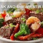 STEAK AND SHRIMP STIR FRY hero photo on white napkin warm natural light restaurant style