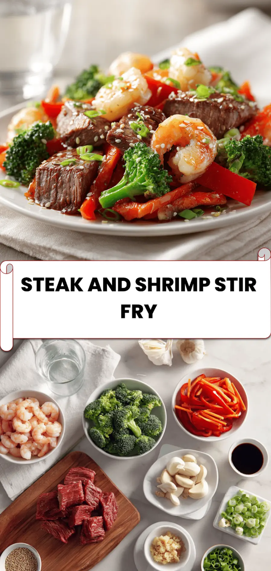 Steak and Shrimp Stir Fry: Delicious and Easy Recipe 5 Steak and Shrimp Stir Fry plated with garnished vegetables and low carb serving idea for dinner inspiration