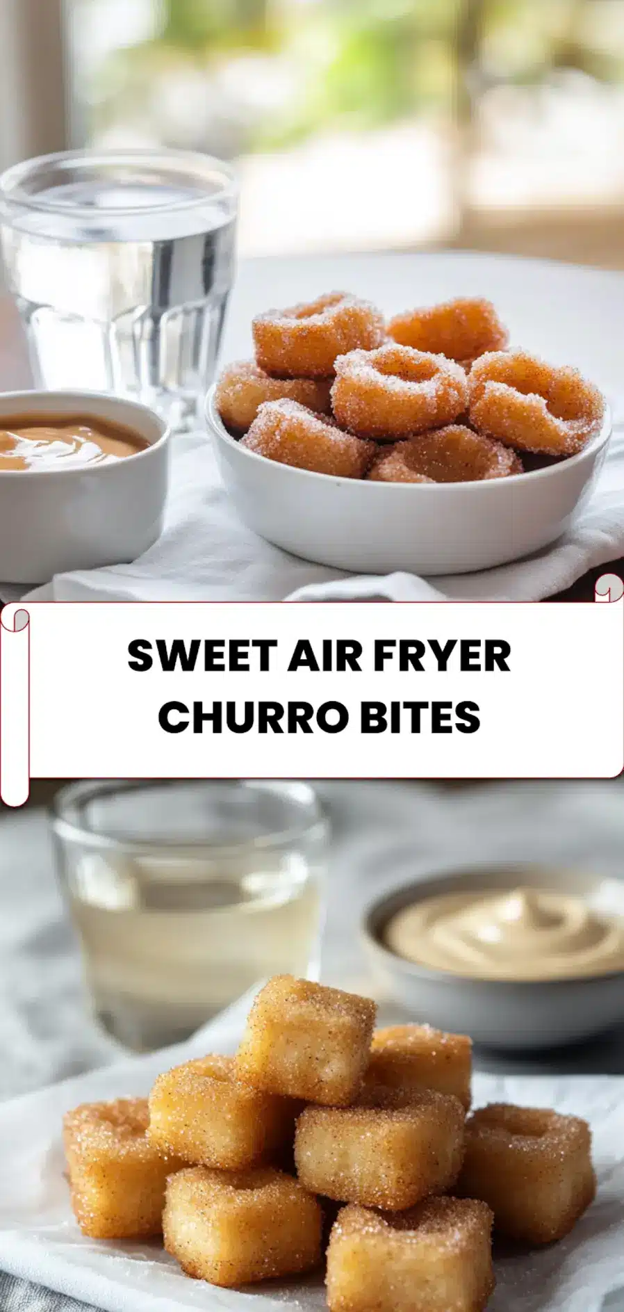 Sweet Air Fryer Churro Bites: Easy and Delicious Recipe 5 Sweet air fryer churro bites close-up: cinnamon sugar coating on golden pastry with napkin and water glass