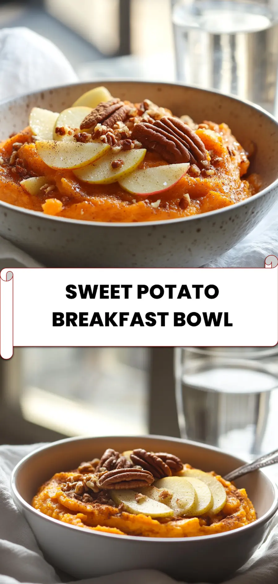 Sweet Potato Breakfast Bowl: Delicious and Simple Recipe 5 Close-up of finished sweet potato breakfast bowl topped with diced apple, pecans, and brown sugar