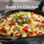 Santa Fe Chicken skillet with black beans corn melted cheese and fresh herbs in warm light