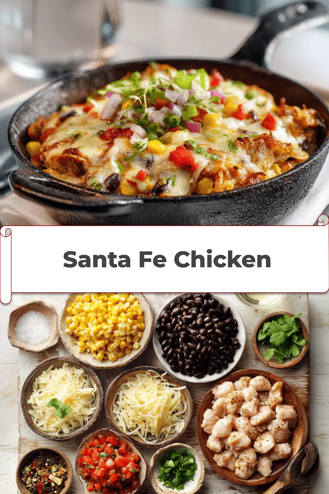 Santa Fe Chicken: Easy and Irresistible Skillet Recipe 5 Pinterest promo image of Santa Fe Chicken served in skillet with melted cheese, beans, corn, and fresh herbs
