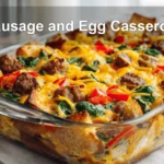 Sausage and Egg Casserole: Easy Delicious Comfort 6 Sausage and Egg Casserole golden baked with cheddar peppers spinach on white napkin