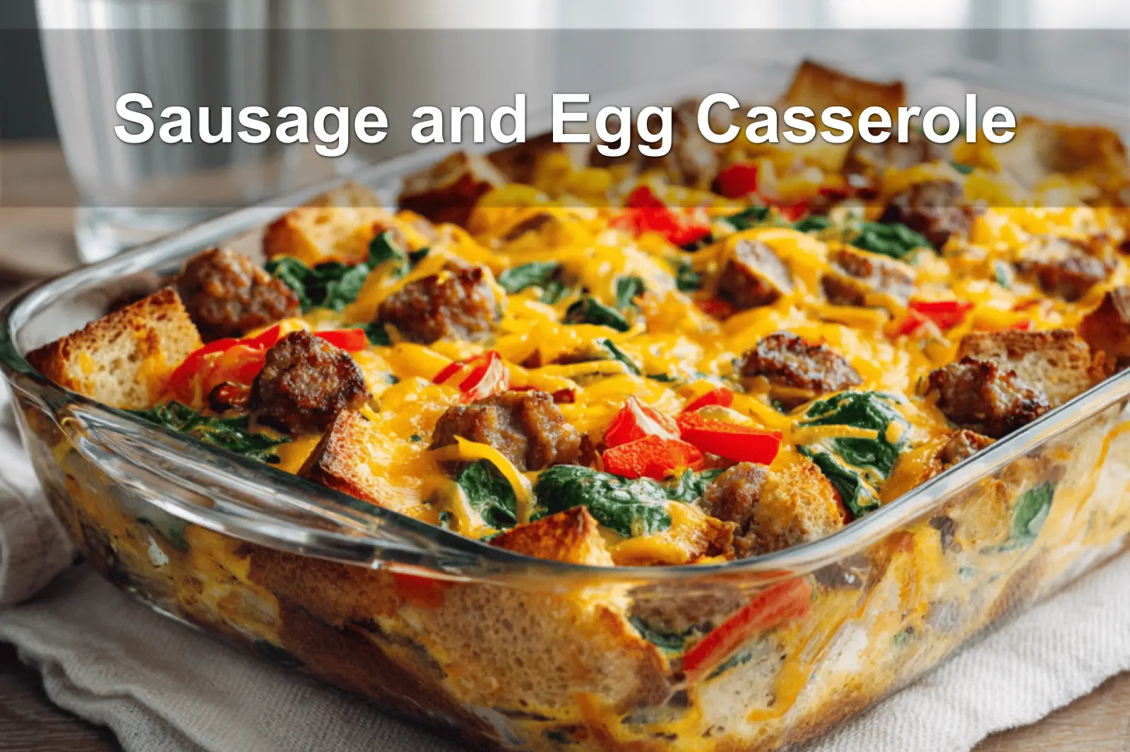 Sausage and Egg Casserole golden baked with cheddar peppers spinach on white napkin