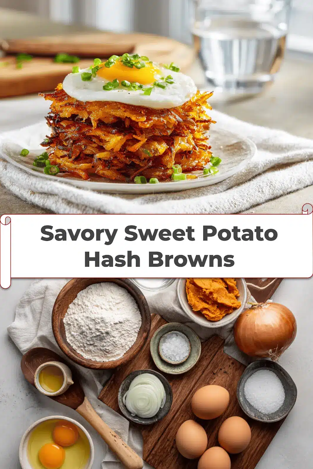 Savory Sweet Potato Hash Browns: Easy Delicious Recipe 5 Savory Sweet Potato Hash Browns on white napkin with glass of water and golden crust_pin
