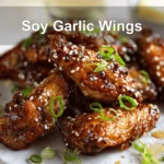 Soy Garlic Wings plated on white napkin with sesame seeds and green onions