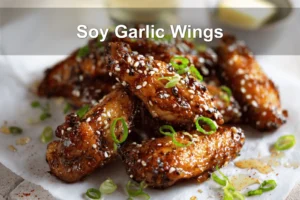 Soy Garlic Wings plated on white napkin with sesame seeds and green onions