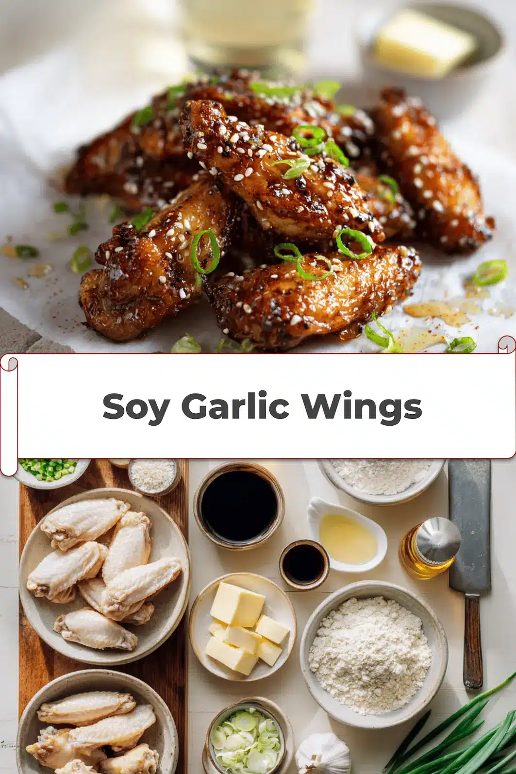 Soy Garlic Wings: Irresistibly Easy Recipe to Try Now 5 Soy Garlic Wings plated on white napkin with sesame seeds and green onions_pin
