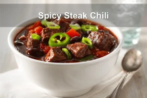 Spicy Steak Chili in bowl on white napkin warm inviting natural light glass of water