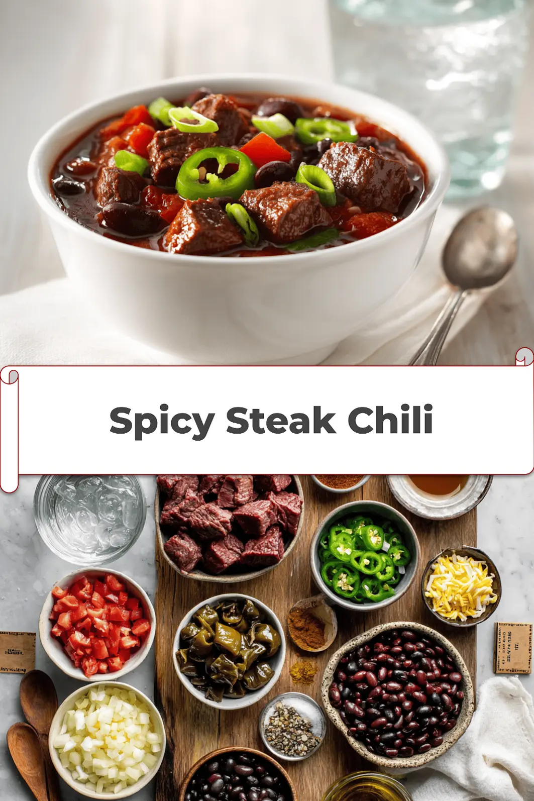 Spicy Steak Chili: Easy and Delicious Recipe Secrets 5 Spicy Steak Chili in bowl on white napkin warm inviting natural light glass of water_pin