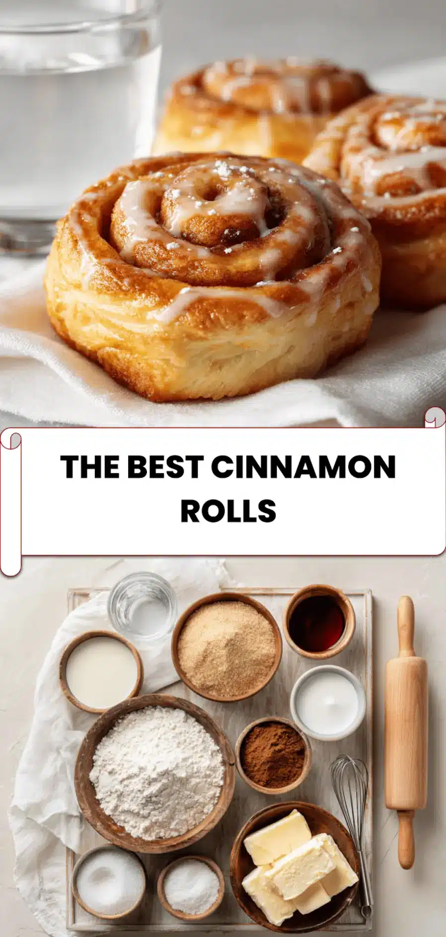 The Best Cinnamon Rolls: Easy and Irresistible Recipe 5 Finished cinnamon rolls with cream cheese frosting on white cloth next to glass of water