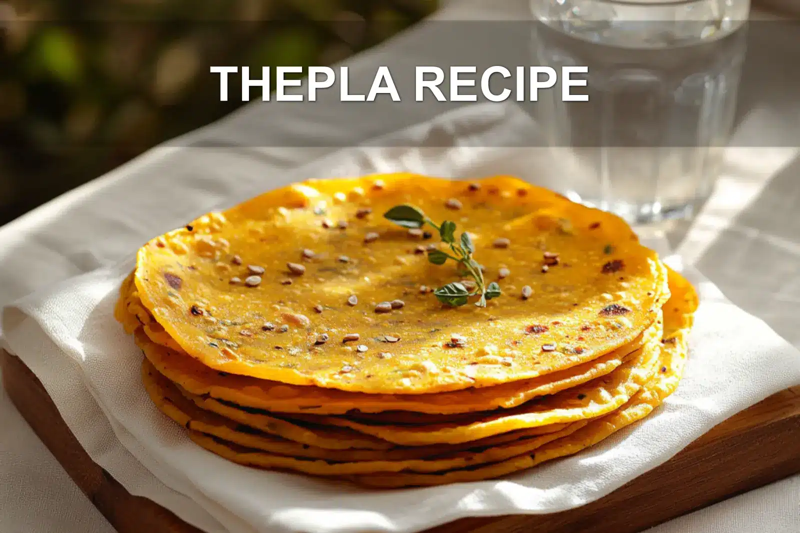 THEPLA RECIPE warm golden thepla stack on white napkin with sesame and fenugreek leaves