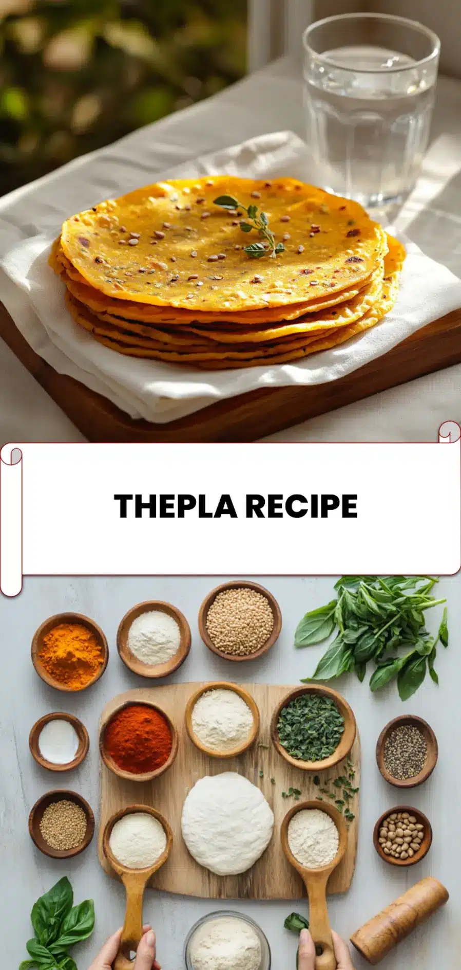 Thepla Recipe: Irresistibly Simple & Delicious 6 Stack of freshly cooked thepla flatbreads with sesame and fenugreek on napkin - THEPLA RECIPE pin image