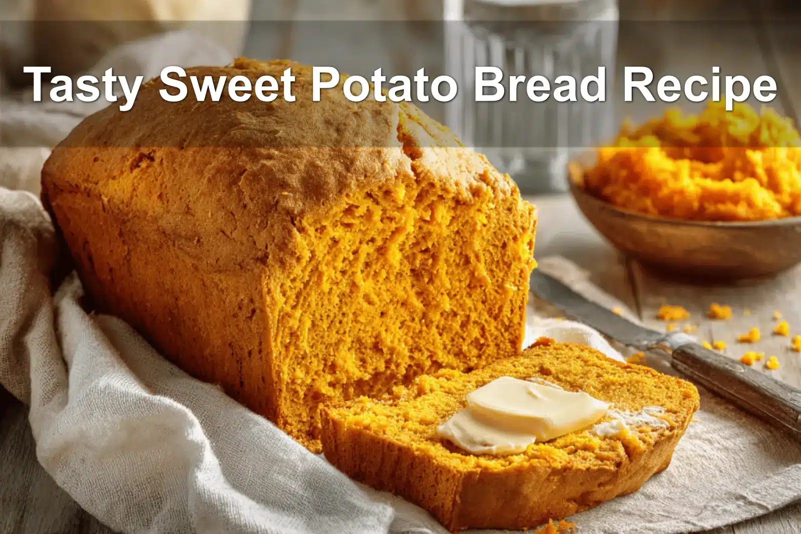 Tasty Sweet Potato Bread Recipe fresh loaf on white cloth with clear glass of water