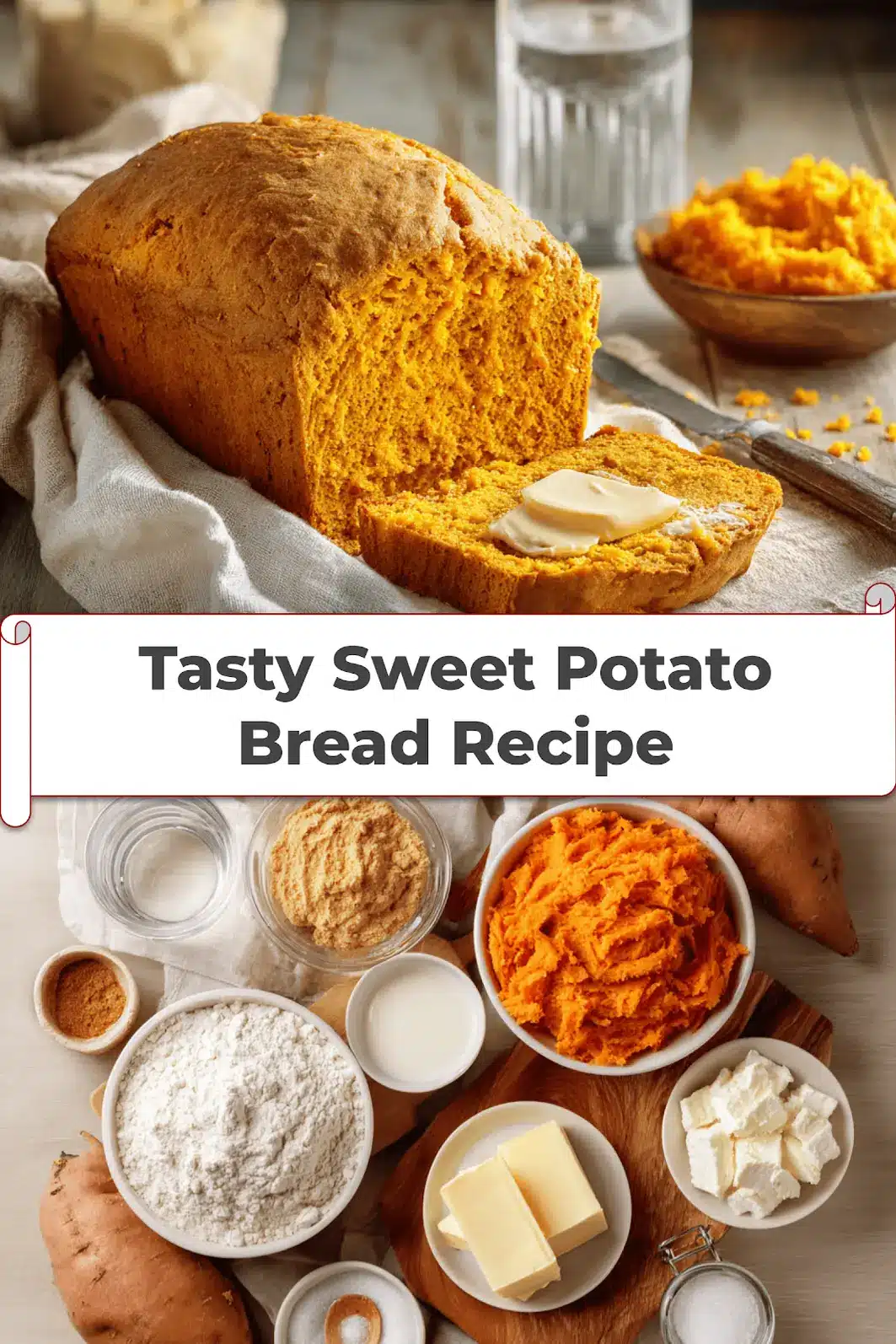 Tasty Sweet Potato Bread Recipe fresh loaf on white cloth with clear glass of water_pin