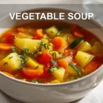 VEGETABLE SOUP overhead hero image on white cloth napkin warm natural lighting