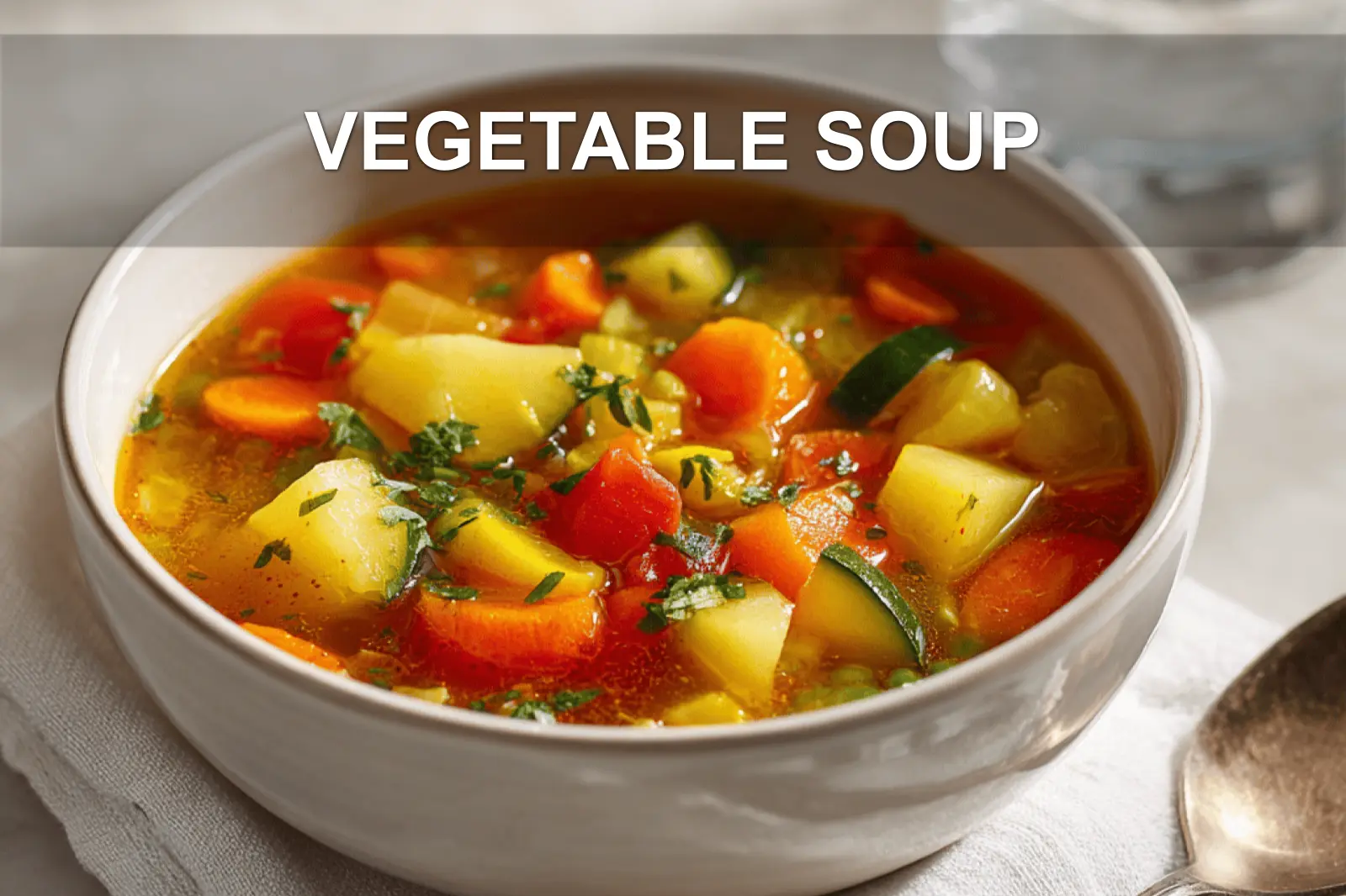 Colorful fresh vegetable soup with carrots, potatoes, and green beans in rustic bowl