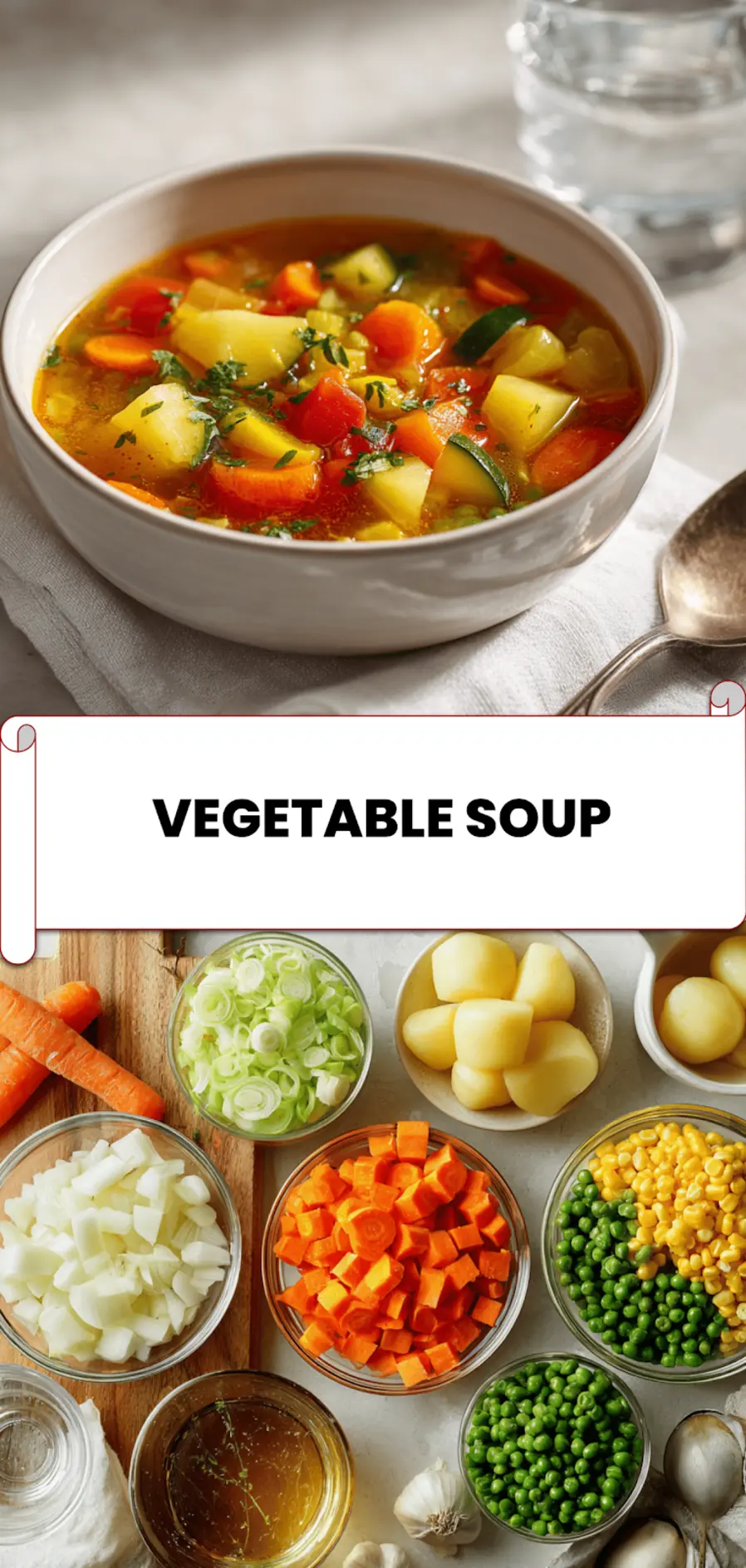 Vegetable Soup: Fresh and Irresistible Recipe Made Easy 5 Beautiful overhead image of homemade vegetable soup in white bowl with peas, corn, and hearty broth - recipe pin image